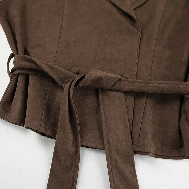 LIZAKOSHT  -  Retro Brown Lace Up Shorts Suede Jacket Elegant Female Lapel Long Sleeves Slim Coats Autumn Chic Lady High Street Outwear