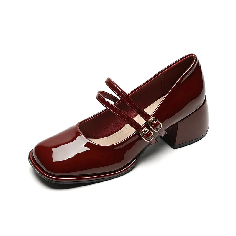 LIZAKOSHT  -  Red Patent Leather Mary Janes Shoes 2025 Summer New Fashion Square Toe Women Pumps Comfort Chunky Heel Retro Ladies Single Shoes