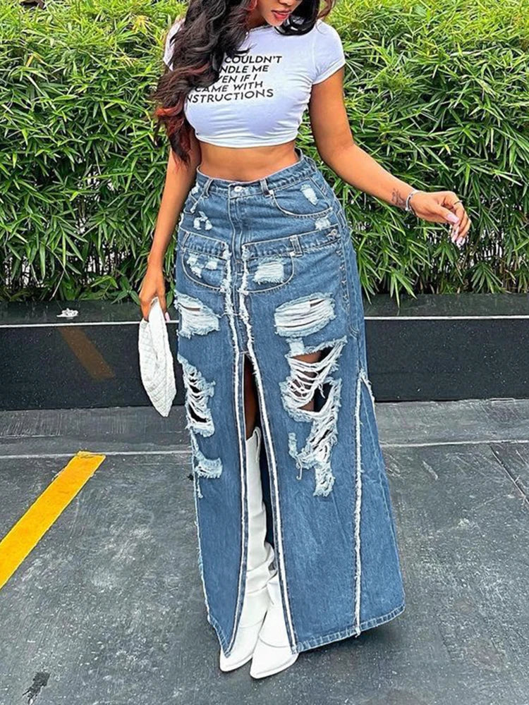 LIZAKOSHT  -  Ripped Denim Long Skirt American Vintage Women Loose High Waist Straight Split Maxi Skirts Fashion femme Streetwear