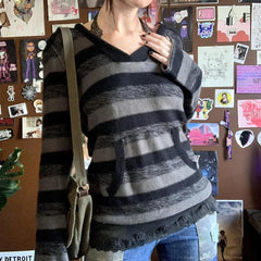 LIZAKOSHT  -  Aesthetic Striped Knitted Hooded Sweaterwith Pockets Autumn Casual Long Sleeve Pullovers Tops 90s Cyber Grunge Vintage Jumpers