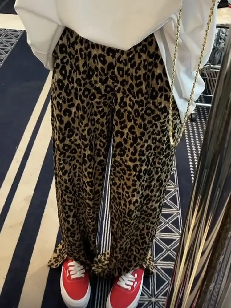 LIZAKOSHT  -  Leopard Print Slit High Waist Wide Leg Pants Fashion Street Loose Casual Pants Retro All-match Trousers Streetwear Women