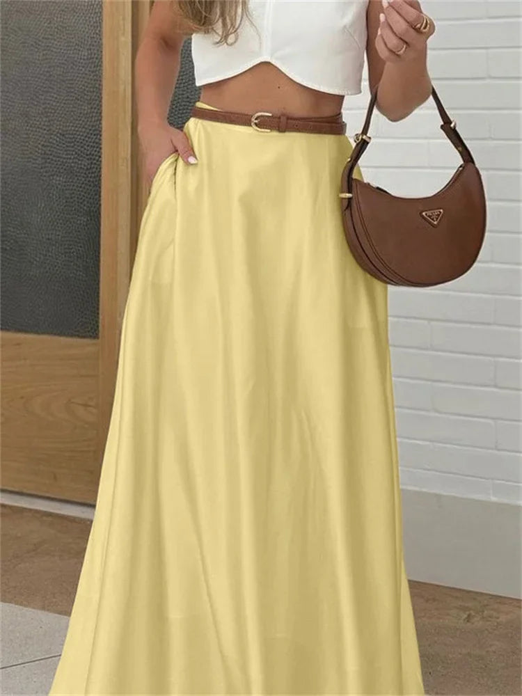 LIZAKOSHT  -  Satin Yellow Maxi Skirt for Women – High Waist Slim Fit Pocket Design Draped Silky Long Skirt Elegant Summer Outfit