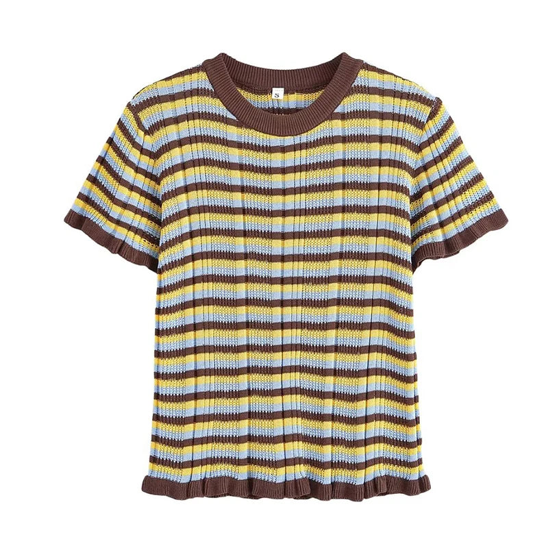 LIZAKOSHT  -  Summer Women's T-Shirt Tops 2025 New Chic Elastic Slim O-neck Striped Tops Women's Street Fashion Joker Youth Knitted T-Shirt