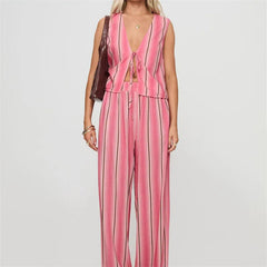 LIZAKOSHT  -  Women Y2k Stripes 2 Piece Pants Matching Set Tie Front V Neck Tank Vest Wide Leg Elastic Waist Trousers Suit Set