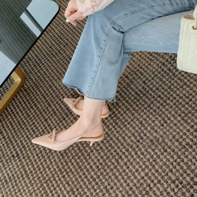 LIZAKOSHT  -   Women Nude Pink Leather Pointed Toe Thin Heel Sandals Summer Delicate Butterfly Knot Fairy Style Comfortable Wedding Dress Shoes