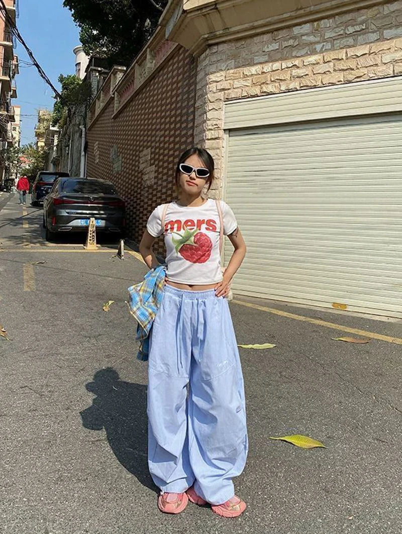 LIZAKOSHT  -  Women Striped Jazz Dance Pants Blue Loose Casual Lazy Wide Leg Pants Harajuku Y2K Summer American Streetwear Cargo Pants