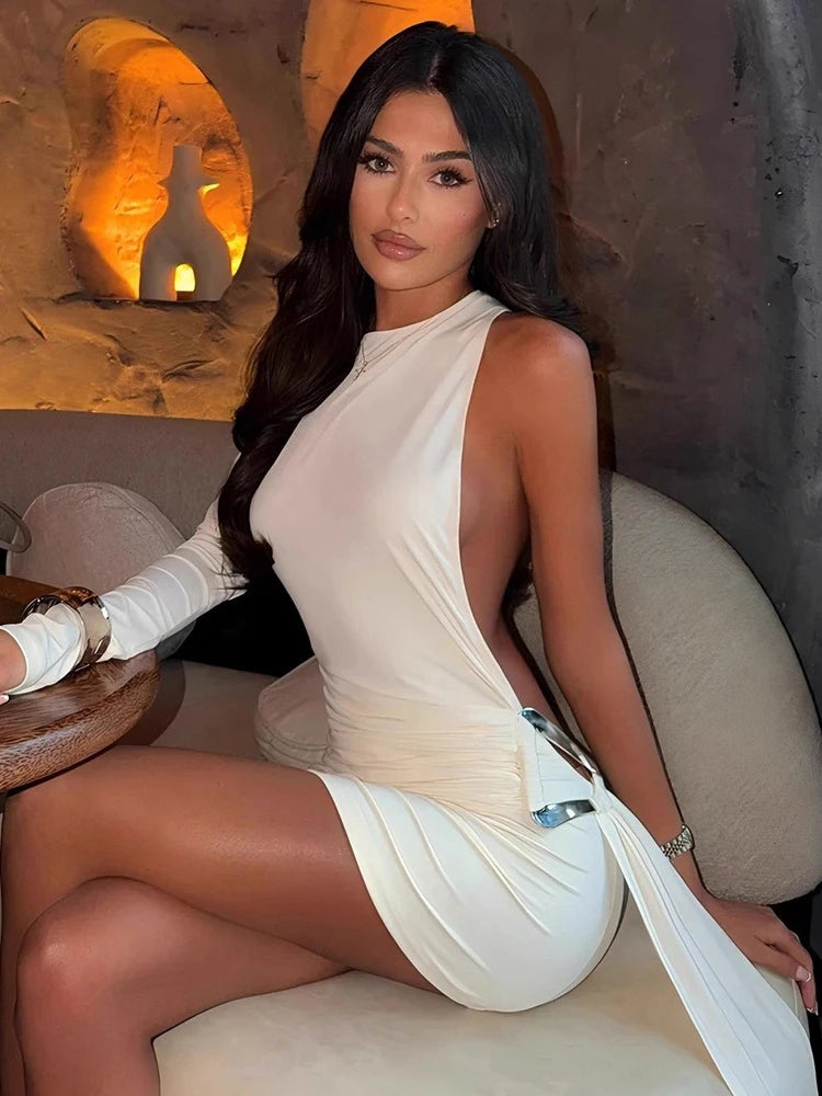 LIZAKOSHT  -  Sexy back Hollow Out Ribbon Women Mini Dress White Long Sleeve Round Neck Dress Winter Skinny Elegant Party Clubwear