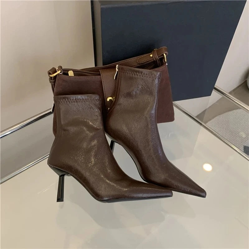 LIZAKOSHT  -   Soft Leather Elegant High Heel Short Booties Women Autumn Trendy Pointed Toe Modern Ankle Boots Formal Dress Daily Shoes