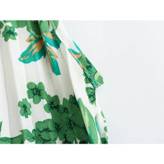 LIZAKOSHT  -   Green Floral Print Lacing Up Sling Beach Dresses Women Sexy Sleeveless O Neck Pleated Summer Dress Holiday Vestidos