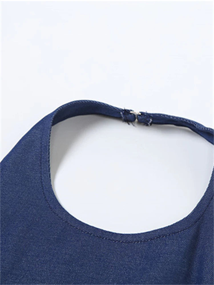 LIZAKOSHT  -  Summer Y2K Denim Sexy 2 Piece Set Streetwear Women 2024 Halter Backless Bandage Irregular Crop Tops And Bodycon Skirt Set