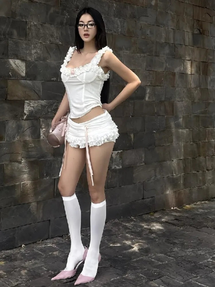 LIZAKOSHT  -  Summer Two Pieces Set Summer 3D Flower  Slim Sweet Ruffled Vest + Women Y2k Aesthetic Streetwear Sexy Bandage Grunge Mini Skirts