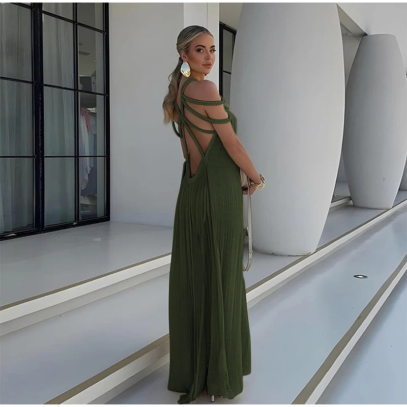 LIZAKOSHT  -  Fashion Halter Long Dress For Women Sleeveless Backless Draped Slip Lace Up Robe 2025 Summer Elegant Female Daily Beach Dresses