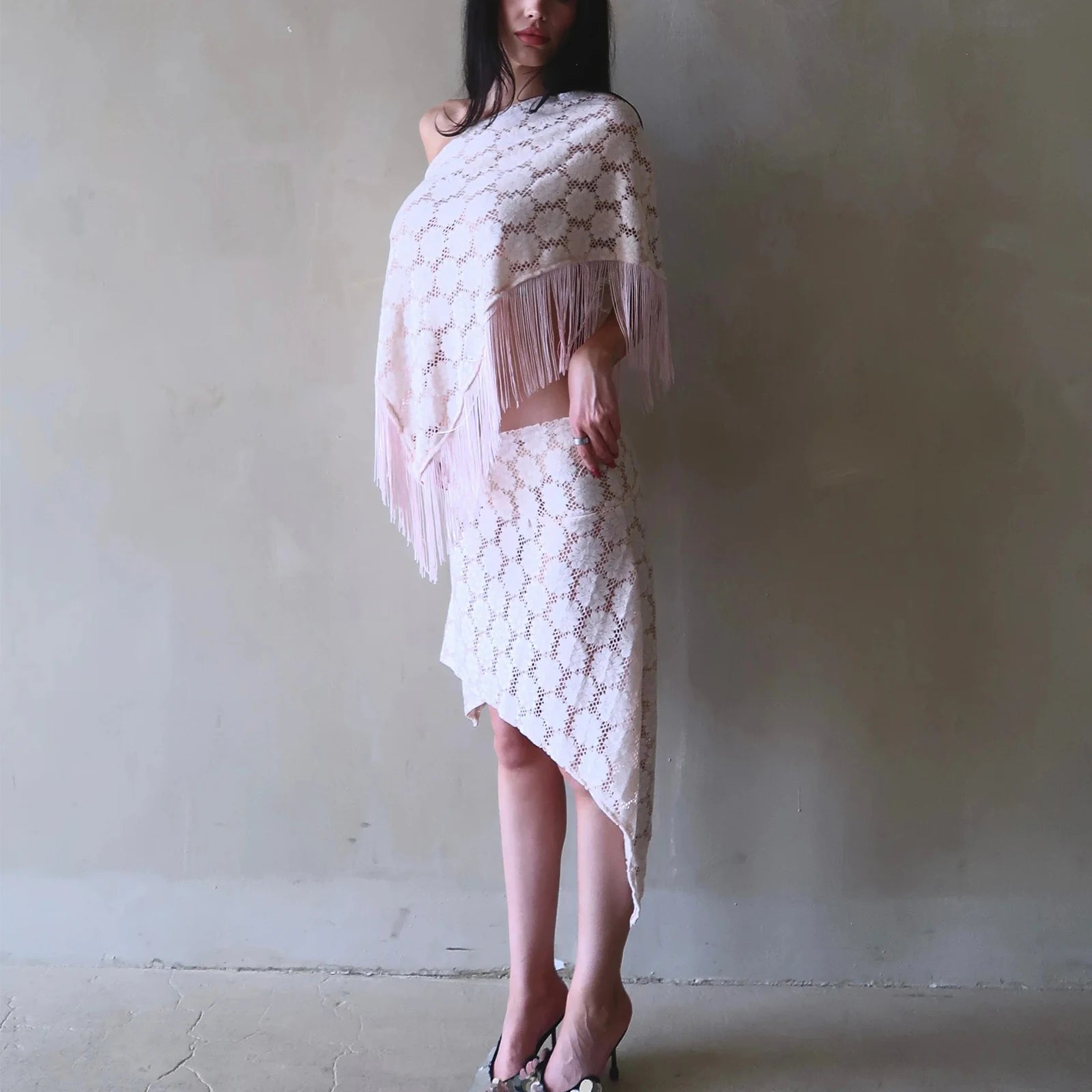 LIZAKOSHT  -  Y2K Coquette 2 Piece Set for Women Stylish Pink Mesh Tassels Boat Neck Tops and Asymmetrical Fringe Midi Skirt Beachwear
