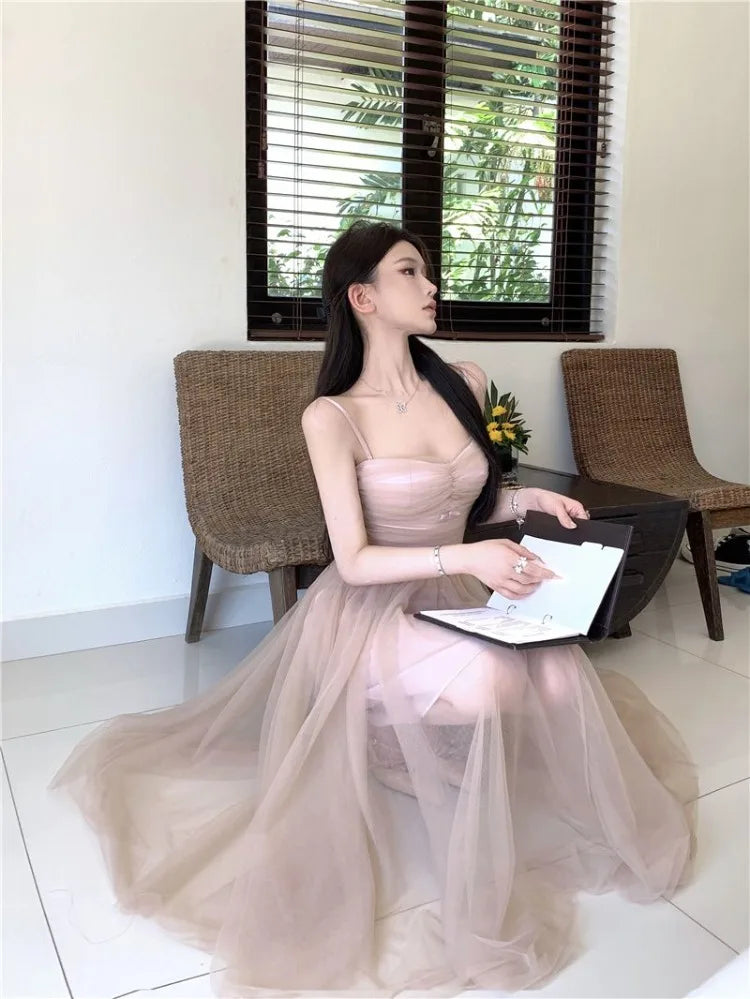 LIZAKOSHT  -  Woman Dress Bow Sleeveless Slash Neck Mesh Patchwork Princess Sweet Elegant Summer Fashion Party Dresses Female