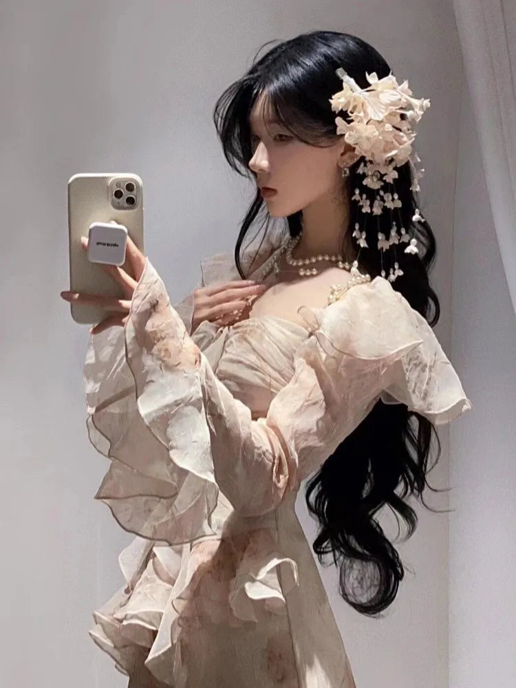 LIZAKOSHT  -  Elegant Fashion Tie Dye Dress for Women Y2k E-Girl Slim Waist 3D Ruffles Dresses Summer New Long Sleeve Vestidos Mujer
