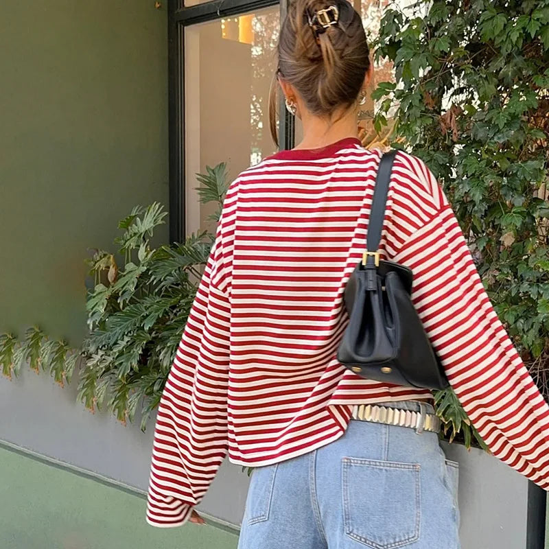 LIZAKOSHT  -  Casual Striped T-shirts for Women 2025 Autumn O-neck Long Sleeve Loose Tops Tees Female Contrast Color T Shirt Streetwear