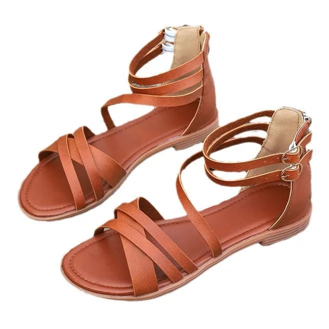 LIZAKOSHT  -  Cross Low Sandals Woman Leather Suit Female Beige Large Size Round Toe Shoes 2025 Summer Low-heeled Black Closed Fashion Big Bea