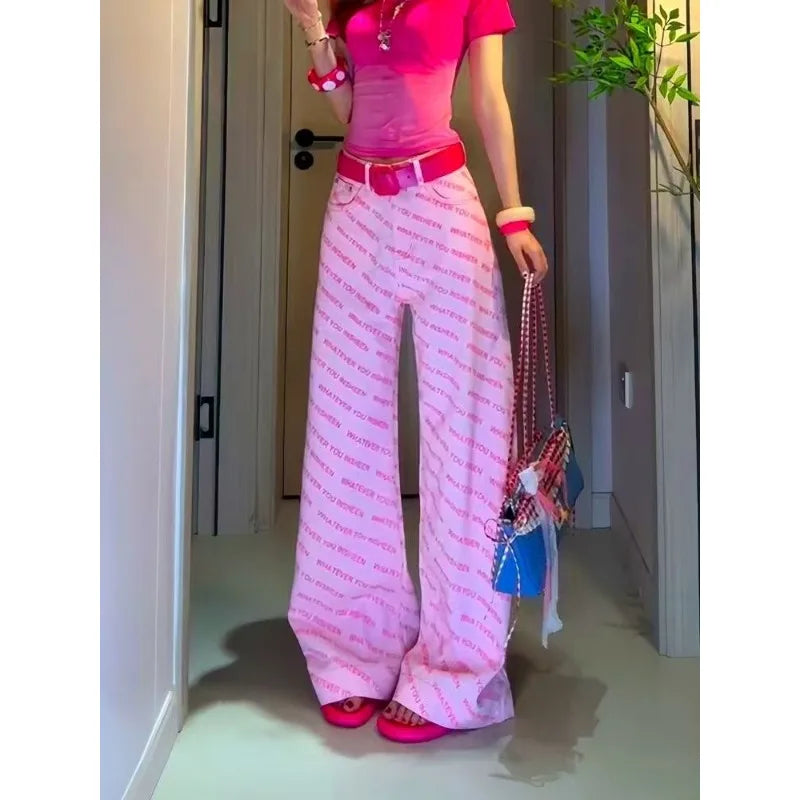 LIZAKOSHT  -  Fashion Spicy Girl Dopamine Pink Letter-printed Trendy Straight-leg Jeans for Women New Niche Loose Slimming and Wide-leg Style