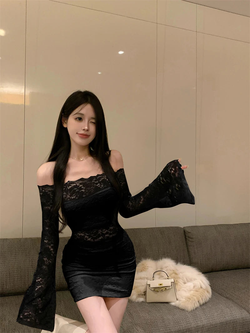 LIZAKOSHT -  Lace Hollow Korean Fashion Short Off Shoulder Short Dress for Women Sexy Cute Solid Color Simple Long Sleeve Slim Dresses
