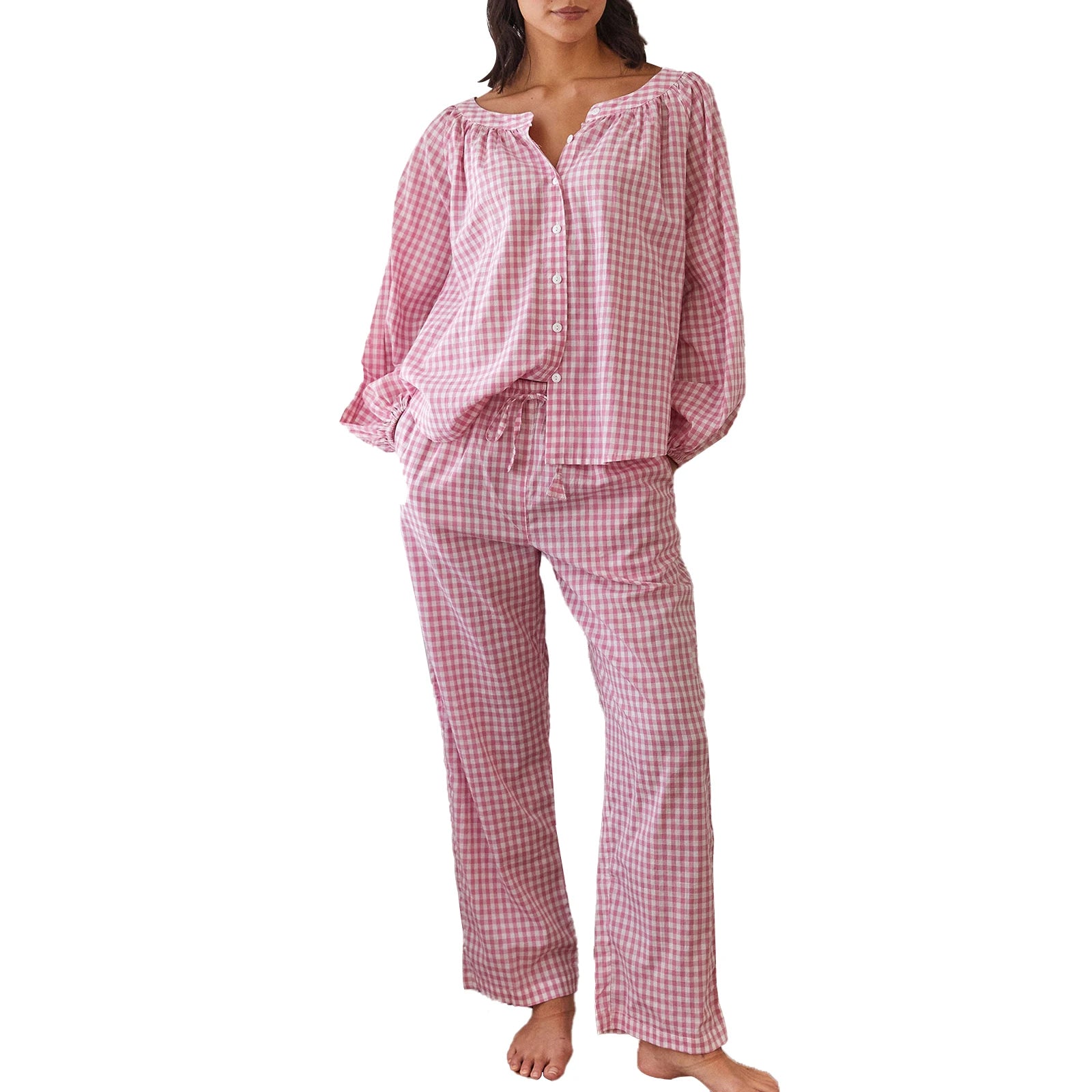 LIZAKOSHT  -  Women s Cozy Plaid Print Pajama Set with Long Lantern Sleeves and Elastic Waistband - Button Down Top and Lounge Pants for Fall