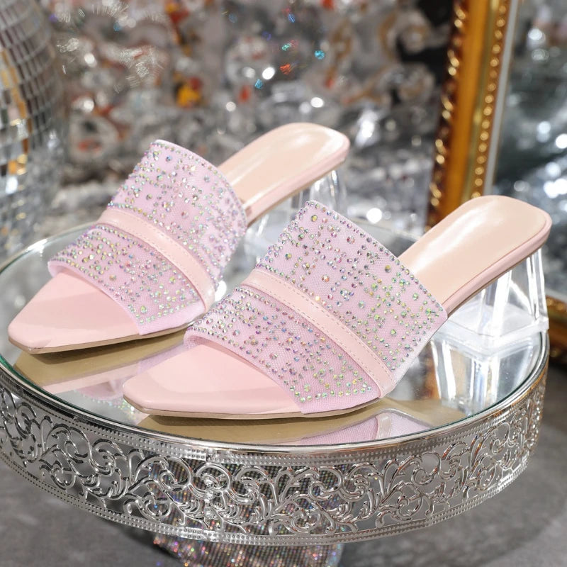 LIZAKOSHT  -  Luxury Rhinestone Transparent Thick Rooted Slippers Women Branded Designed Pointed Toe Open Toe High Heeled Sandal Dress Pumps