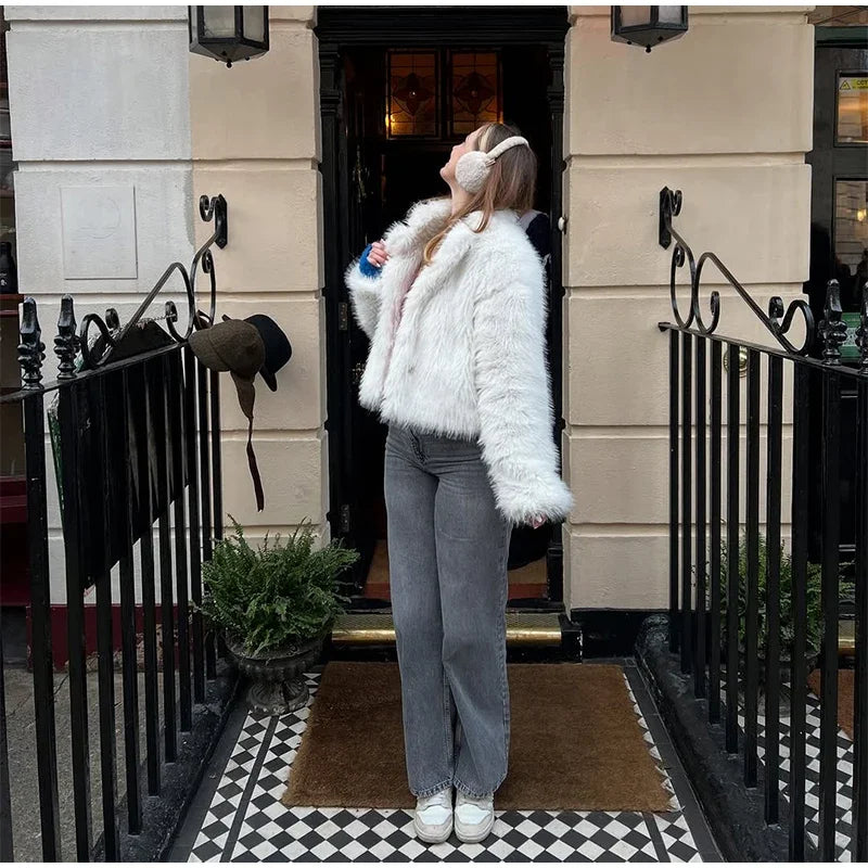 LIZAKOSHT  -  Women White Faux Fur Short Coat Elegant Lapel Collar Long Sleeve Loose Outerwear Lady New Winter Warm High Street Jacket 2025