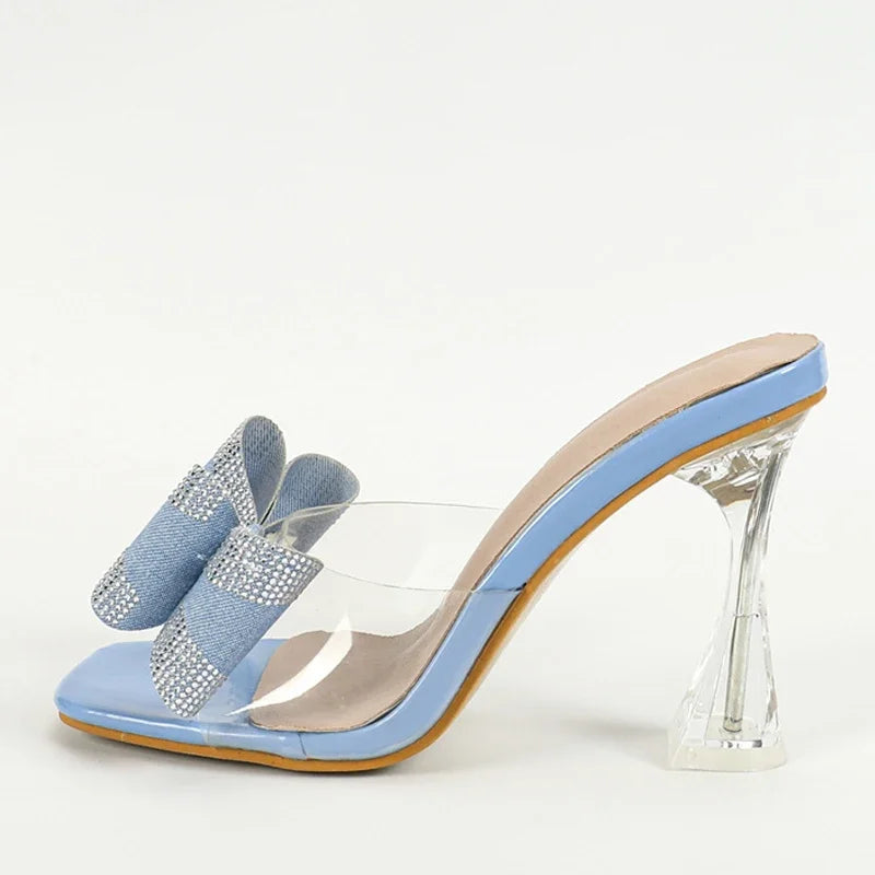 LIZAKOSHT  -  Shiny Bowknot Designer Slide Sandals Women Summer Sexy Open Toe Party Slippers Elegant  Dress Thin High Heel Pumps Zapatos Mujer