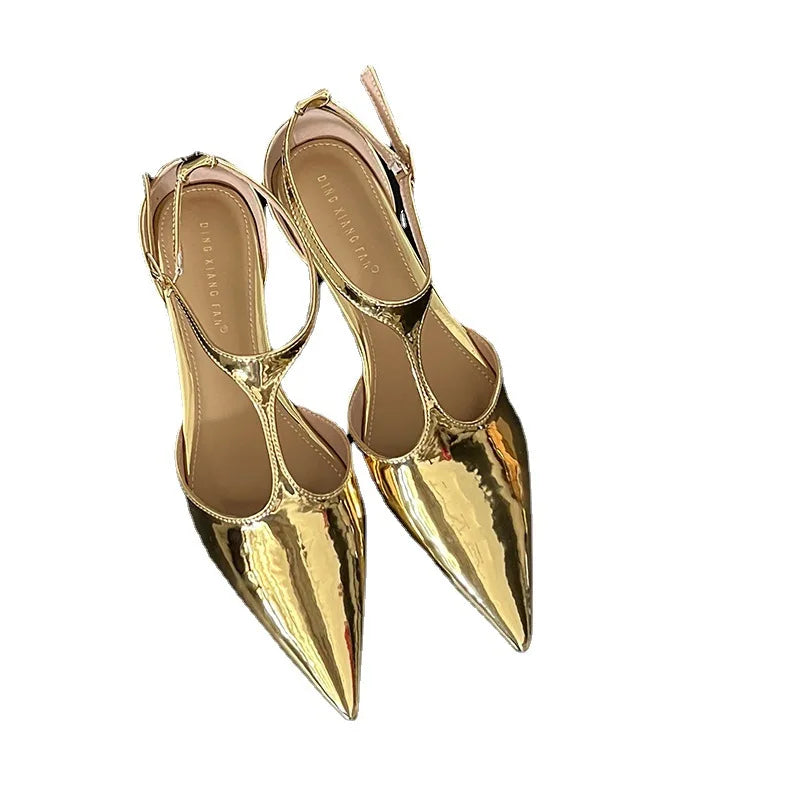 LIZAKOSHT  -  Gold Sandals Comfort Shoes for Women  Summer Suit Female Beige Fashion Low New Pointed Girls Black Fabric Buckle Strap Solid
