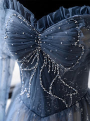 LIZAKOSHT  -  Blue Prom Dresses Sweetheart Neckline A-Line Long Sleeves Shiny Banquet Host Banquet Ceremony Bridesmaid Evening Gowns
