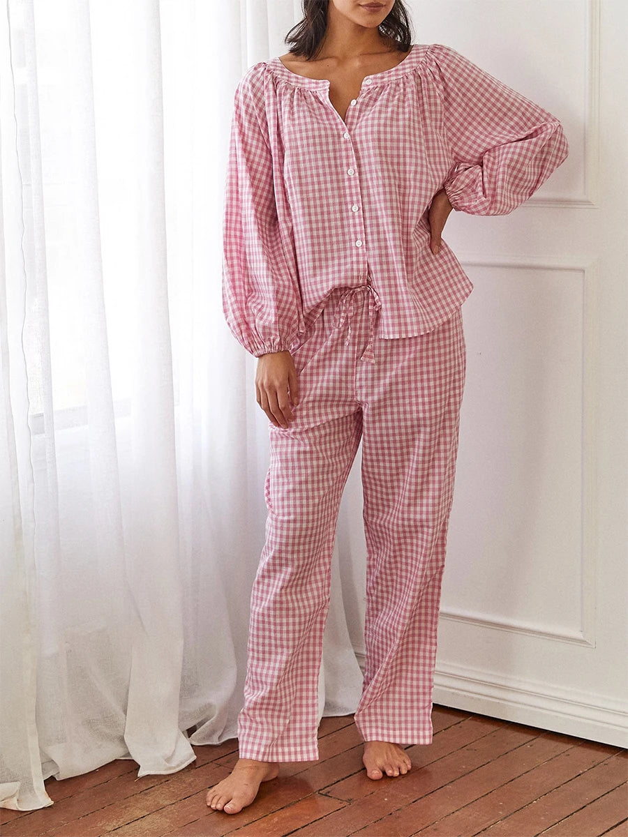 LIZAKOSHT  -  Women s Cozy Plaid Print Pajama Set with Long Lantern Sleeves and Elastic Waistband - Button Down Top and Lounge Pants for Fall