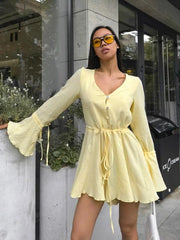 LIZAKOSHT  -  Autumn New American Cute Drawstring Flared Sleeve V-neck Dress for Women Lace-up Daily Long-sleeved Dress for Age Reduction