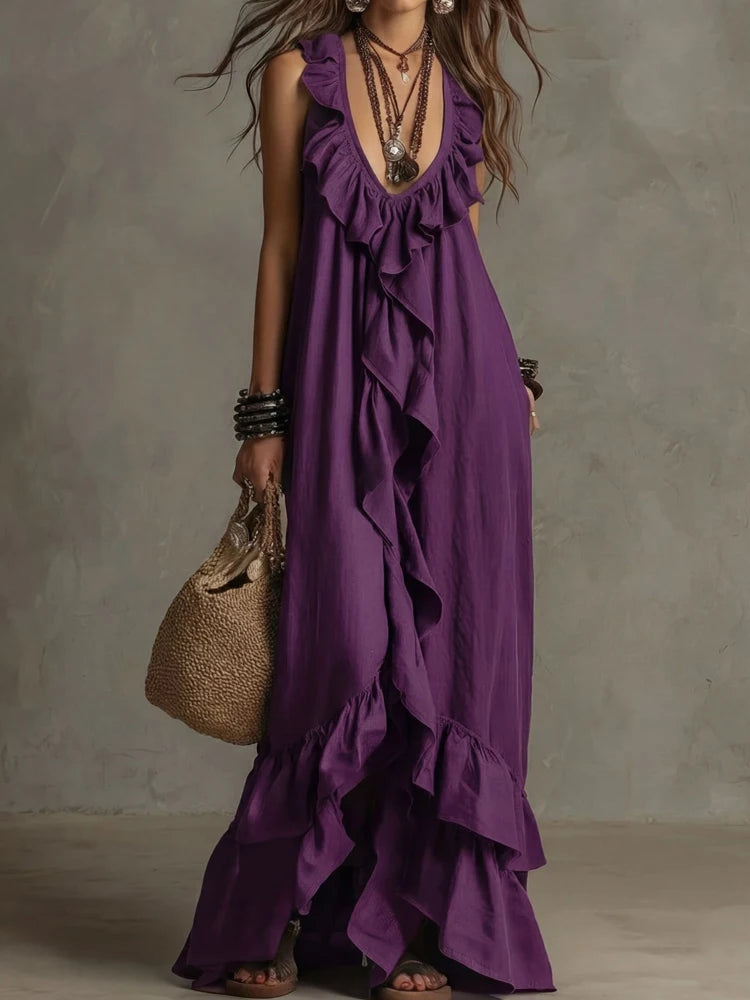 LIZAKOSHT  -  Lady Fashion Ruffle Trim Vacation Long Dress Bohemian Style Loose Summer Dress  Elegant Deep V Neck Sleeveless Solid Party Dress