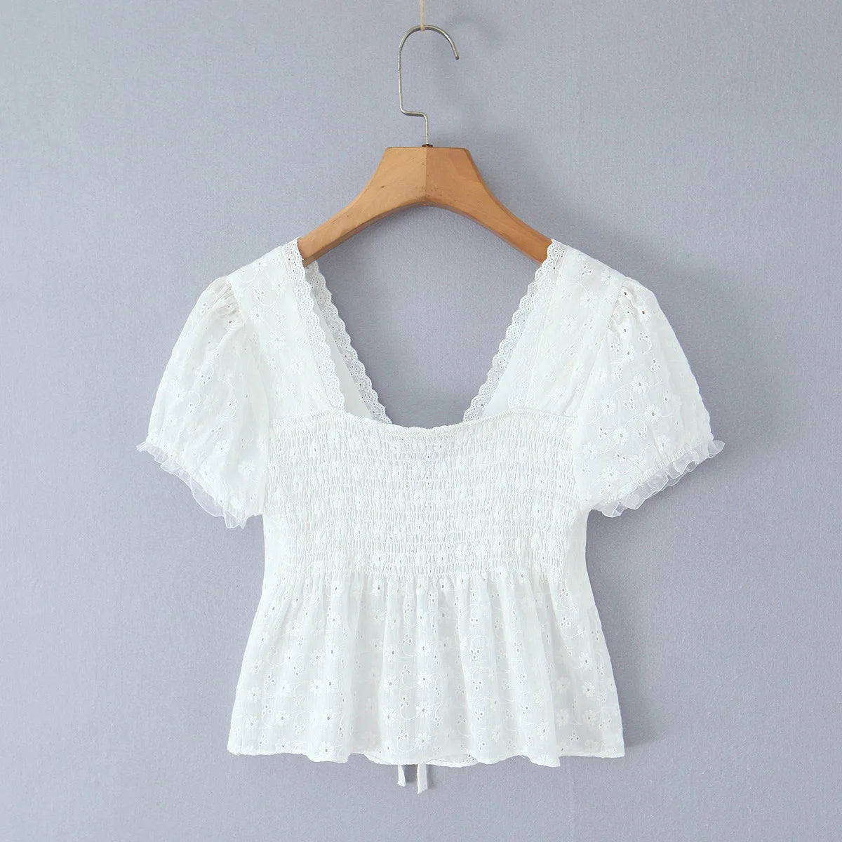 LIZAKOSHT  -  White Embroidery Hollow Out Hole Splice Lace V neck Short Puff Sleeve Shirt Women Center Button Elastic Back Slim Crop Tops