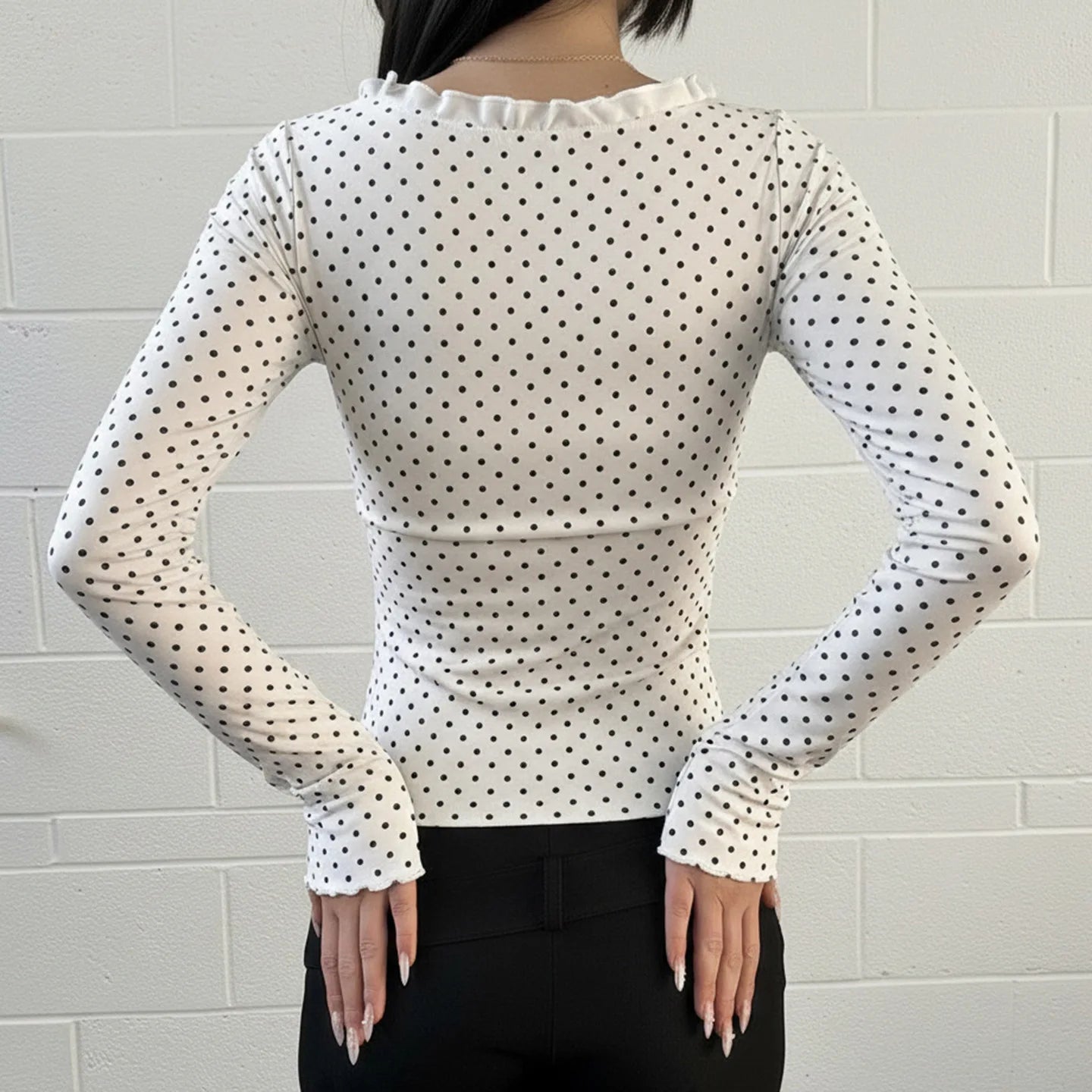 LIZAKOSHT  -  Women Y2K Lace Patchwork Polka Dot Long Sleeve Tee Hollow Out Tie Front Ruffled Slim Top Casual Streetwear Fashion Tee