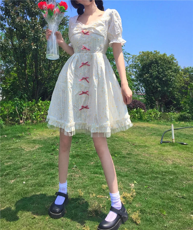 LIZAKOSHT  -  Summer Dress New Japanese Girl Style  Fresh Square Collar Small Daisy Bubble Sleeve High Waist Dress Victorian Kawaii Girl