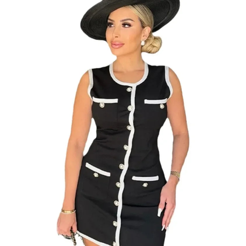 LIZAKOSHT  -  Luxury Design Button Black Mini Dress Women Summer Dresses O-neck Sleeveless Sexy Slim Evening Party Gowns Office Lady Dresses
