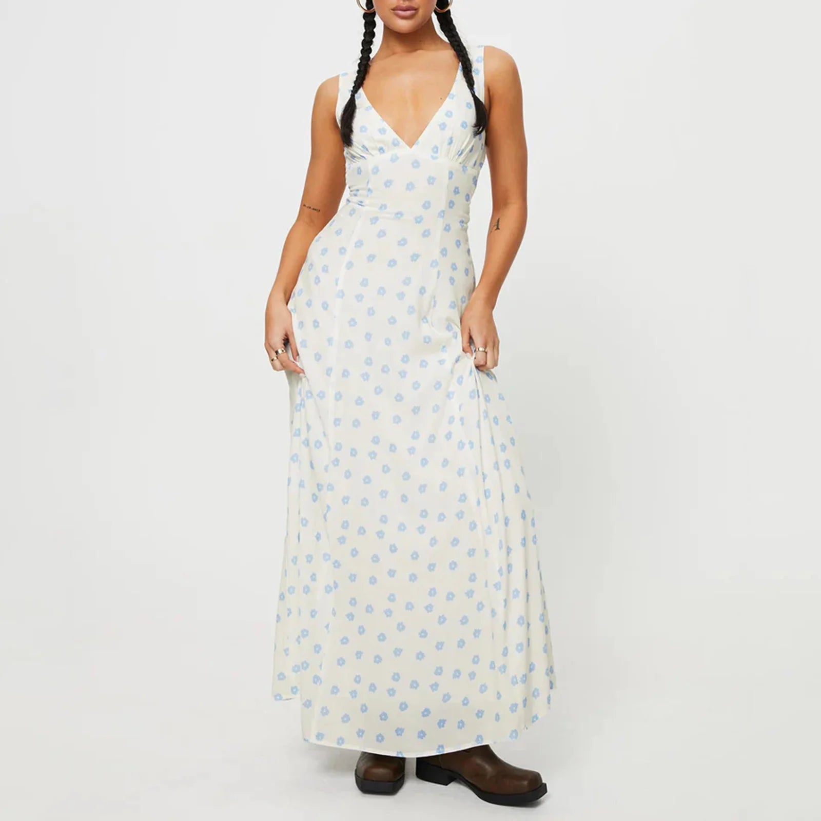 LIZAKOSHT  -  Women Y2k V Neck Maxi Dress Vintage Floral Print Sleeveless Backless Long Dress Bohemian Beach Midi Dress Streetwear