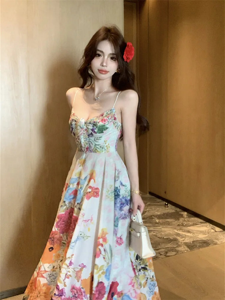 LIZAKOSHT  -  Holiday Flowy Chiffon Long Cami Dress Women Twist Bandage V-neck Ruffle Bohemian Print Flower Dress Casual Beachwear
