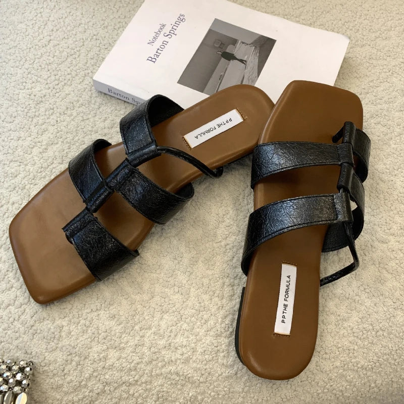 LIZAKOSHT  -  Designer Set Toe Flat Sandals Women Fashion Square Head Hollow Slippers Summer Party Soft Bottom Beach Shoes Flip Flops Women