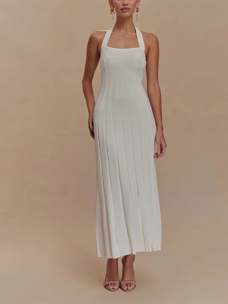 LIZAKOSHT  -  Sexy Knitted Halter Long Dress Women Sleeveless Backless Lace Up Waist Cinching Slim Dresses Lady Summer Chic Casual Party Robes