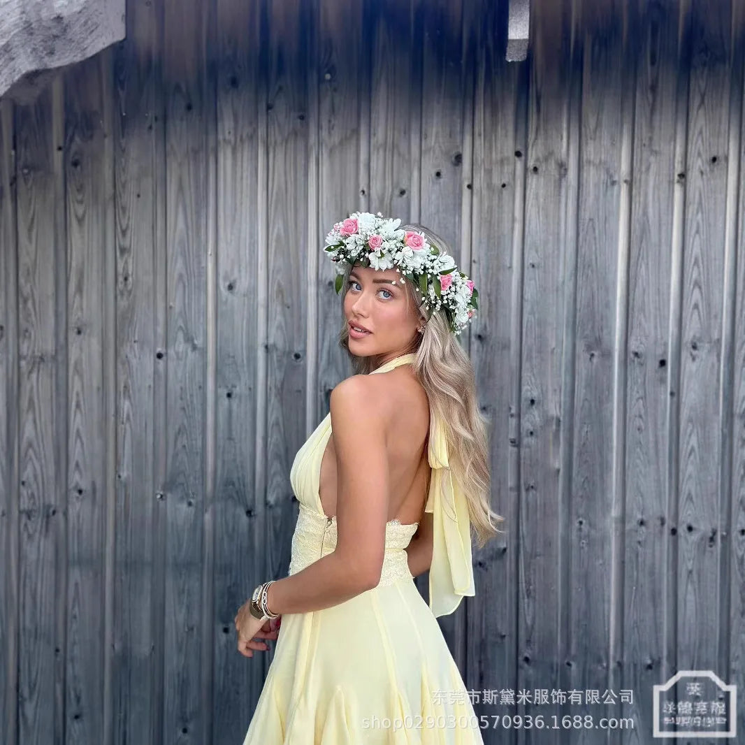 LIZAKOSHT  -  Summer Yellow Lace Women Prom Dress Sexy V Neck Halter Sleeveless Backless Party Gown Short Mini Robe Casual Beach Holiday Skirt