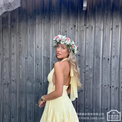 LIZAKOSHT  -  Summer Yellow Lace Women Prom Dress Sexy V Neck Halter Sleeveless Backless Party Gown Short Mini Robe Casual Beach Holiday Skirt
