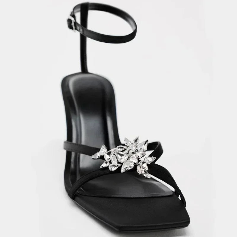 LIZAKOSHT  -  Shiny Rhinestone High Heels Women Summer New Open Toe Ankle Strap Thin Heels Dress Shoe Brand Design Rhinestone Sandals Femme