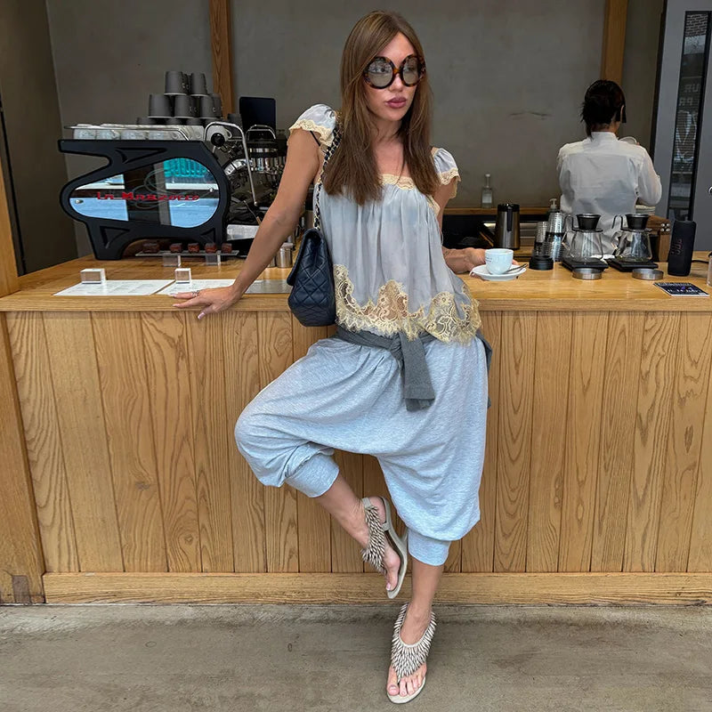 LIZAKOSHT  -  Lace Patchwork Blouse Thin Strap Lace Shoulder Panels Gathered Bust Spring Summer Cafe Date Lady Women Boho Casual Cami