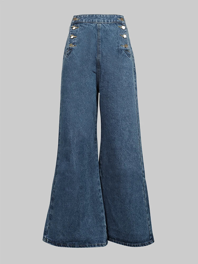 LIZAKOSHT  -  Fashion Women's Jeans Button Baggy Denim Jeans Pants High Waist Casual Classic Blue Wide Leg Trouser Female Y2K Punk