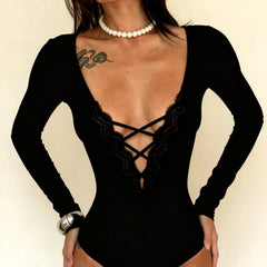 LIZAKOSHT  -  Sexy Deep V-neck Lace Patchwork Black Bodysuit Elegant Women's Style Basic Solid Long Sleeve Tight Fit T-shirt Streetwear