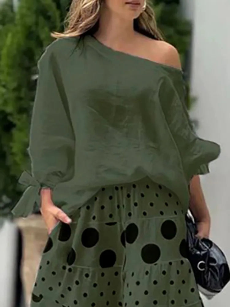 LIZAKOSHT  -  Simple Off Shoulder Women's Tees One-Shoulder Tops Elegant Loose Asymmetric Tied Casual White Blouses&Shirts Female