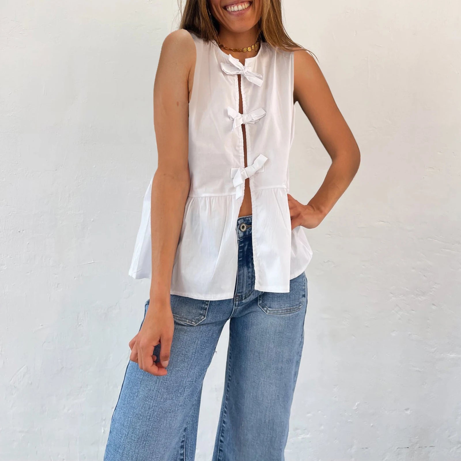 LIZAKOSHT  -  Women Y2k Tie Front Peplum Tank Tops Sleeveless Stripe Crop Tops Babydoll Shirts Summer Cute Tops for Teens Streetwear