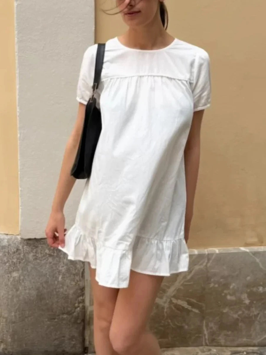 LIZAKOSHT  -   Solid Puff Sleeve Blair Dress Women Summer Chic Simple Ruffled Hem Cotton Loose Vestidos Sweet Cute Preppy Style Dresses New
