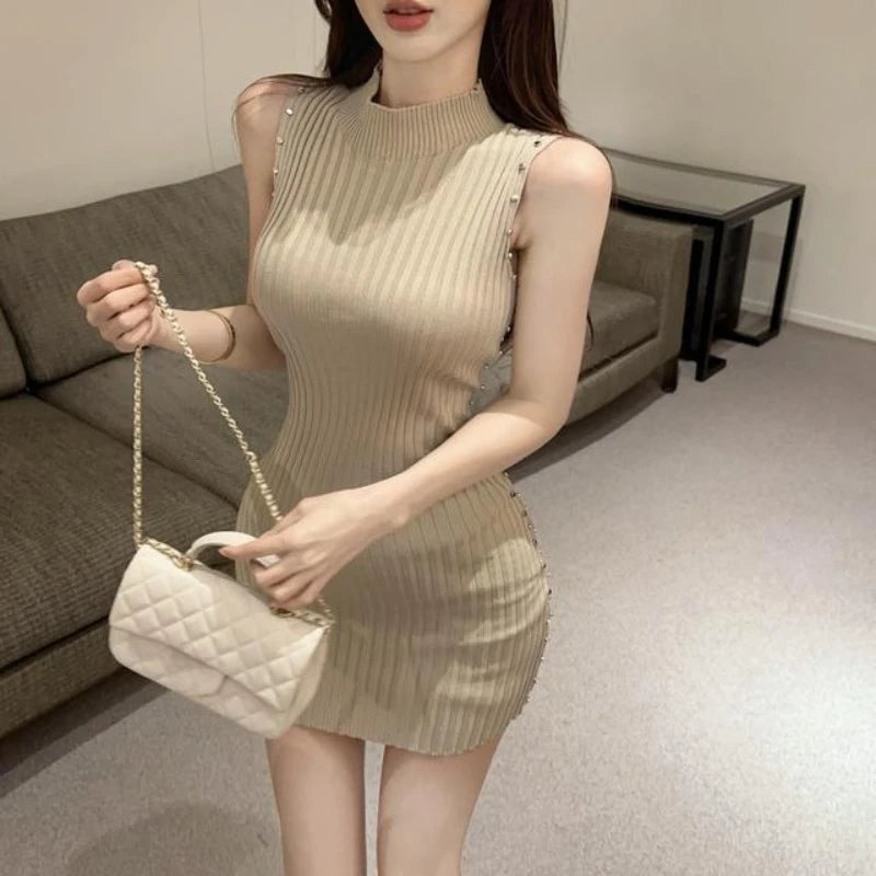 LIZAKOSHT  -  Sexy Rivet Sleeveless Knitted Mini Dress Women French Y2k Temperament Half High Collar Waist Wrapped Bodycon Dresses